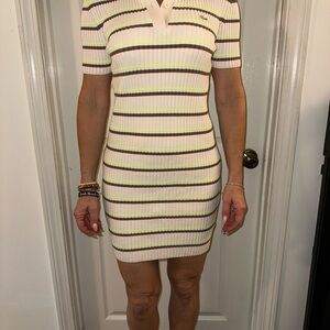 Lacoste Striped Mini Dress - Cream, Yellow, Brown